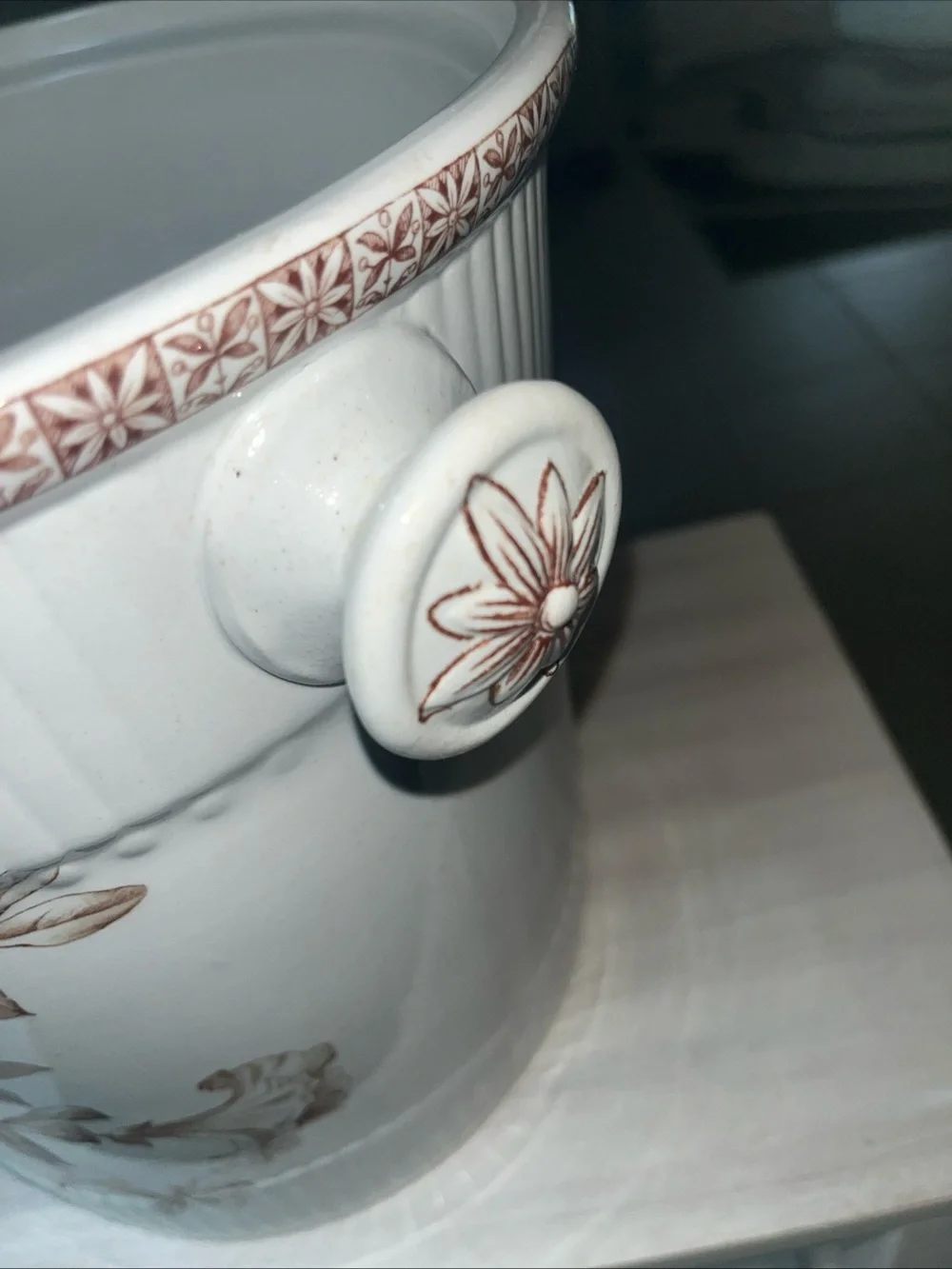 Vintage Johnson Brothers White Ceramic Slop Jar with Brown Floral Motif